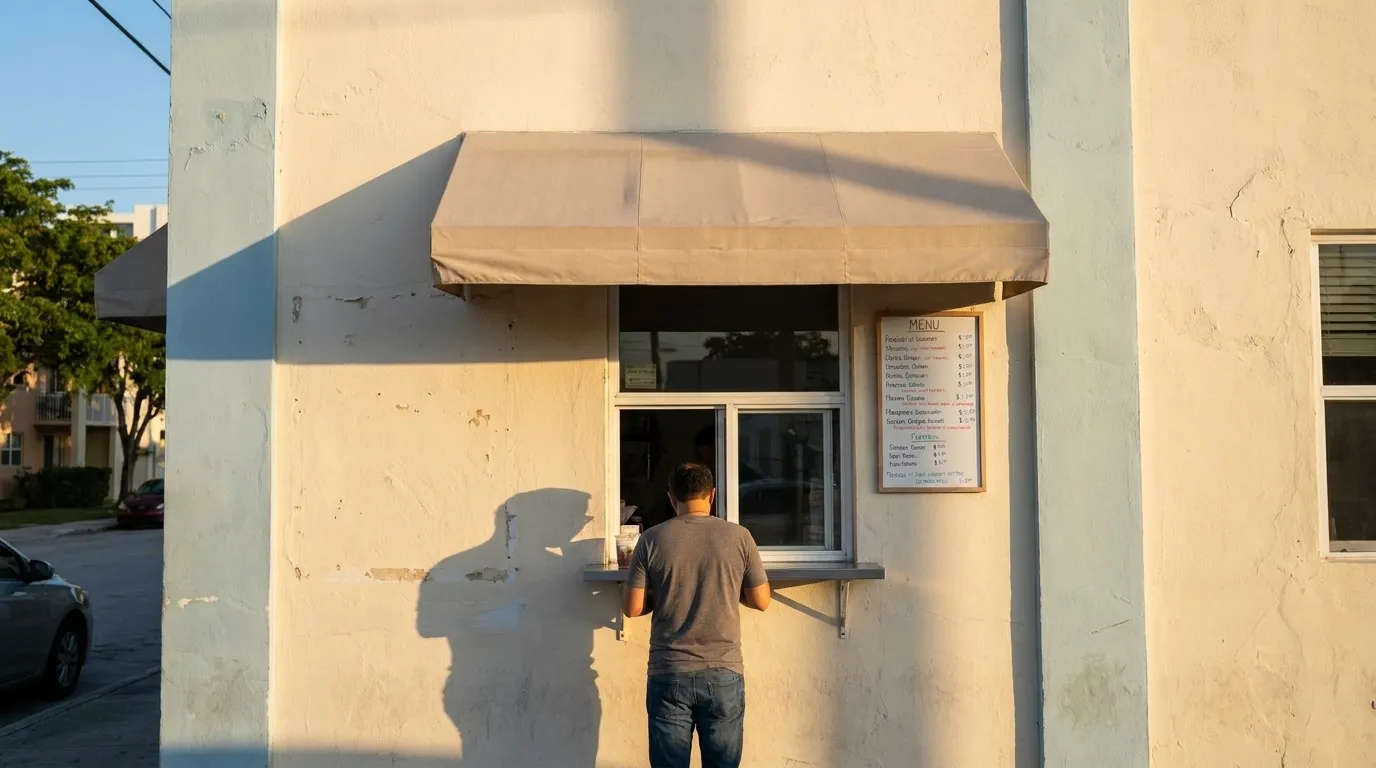 Customer ordering at a walk-up ventanita window in Miami with menu board and awning overhead