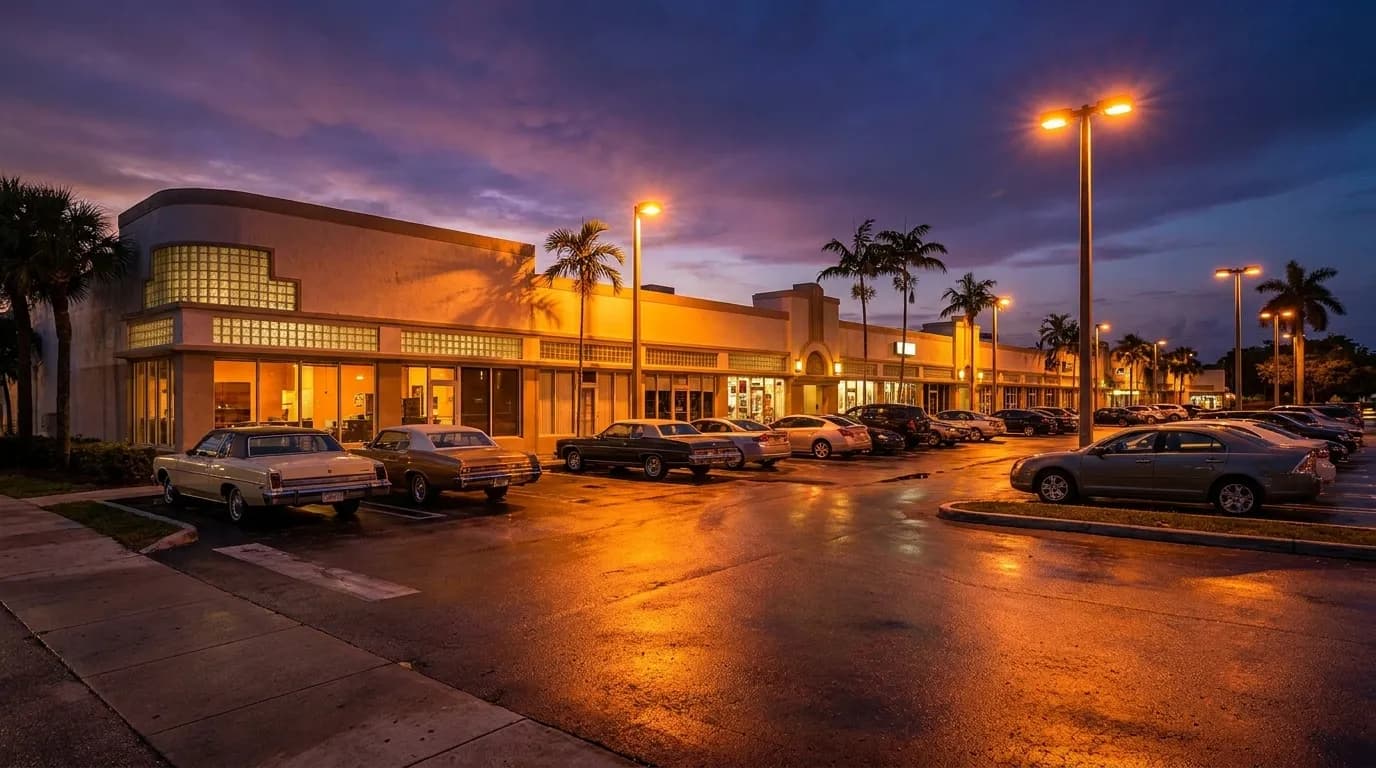 Evening view of a suburban commercial strip in Kendall, Miami, with parking lot and lit storefronts under a purple dusk sky