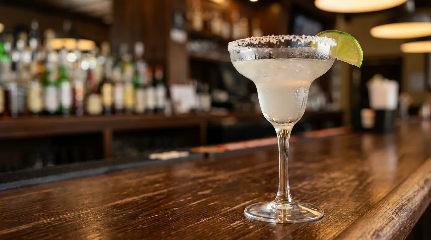 Close-up of a margarita glass with lime wedge and salt rim on a dark wood bar counter