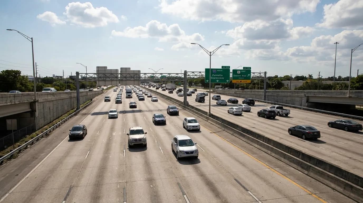 Afternoon traffic on the Palmetto Expressway in Miami, viewed from an overpass with multiple lanes and highway signs