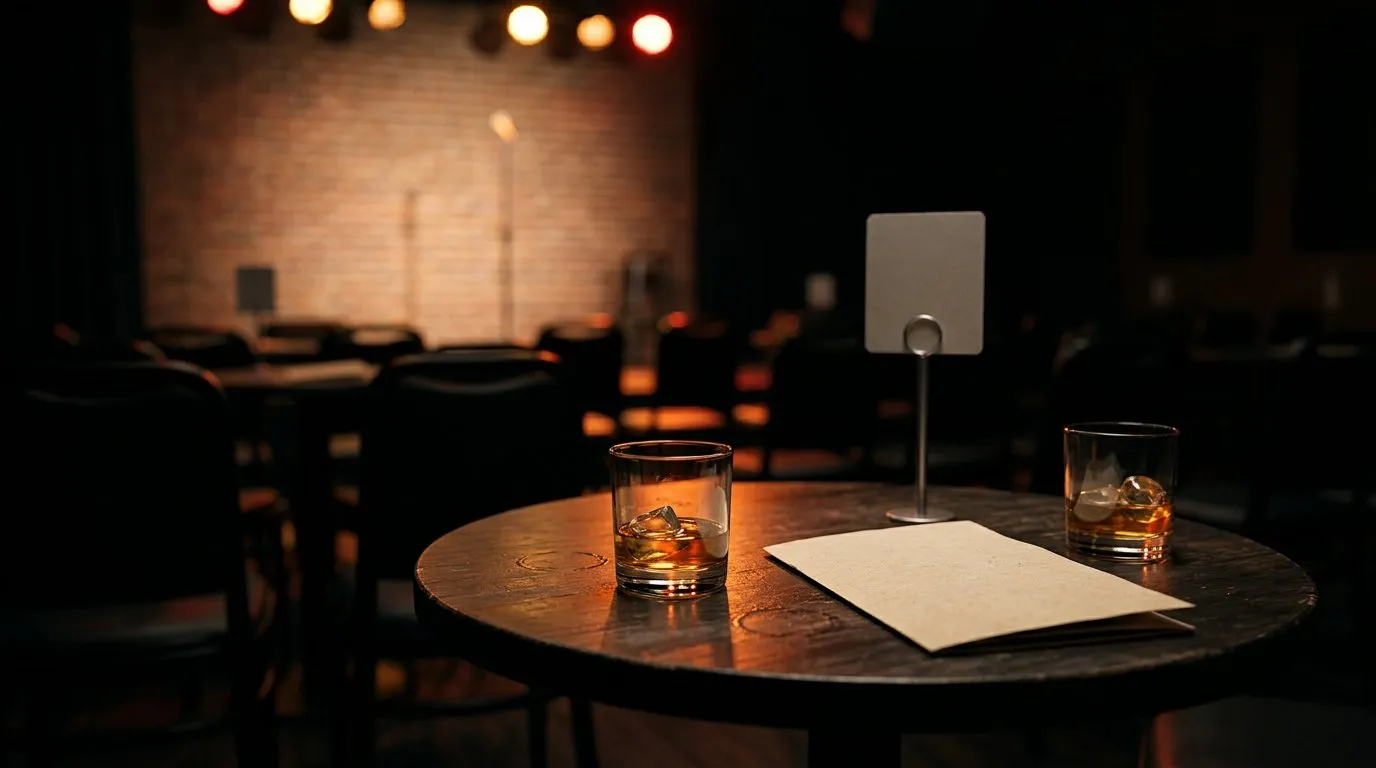 Table with bottled drink and ticket stub lit by dim stage light inside a comedy club