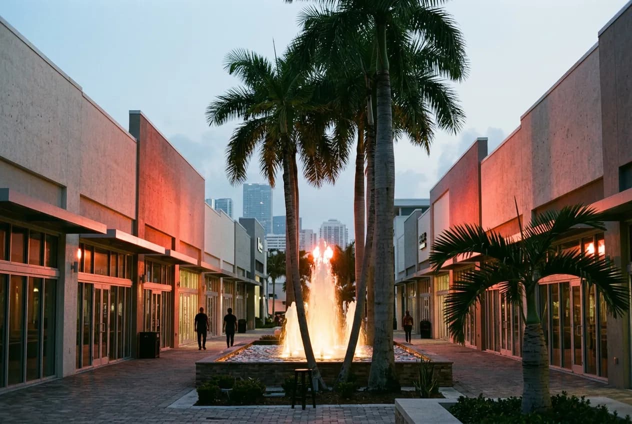 CityPlace Doral plaza at dusk with fountain, palm trees, and pedestrian walkways between mixed-use buildings