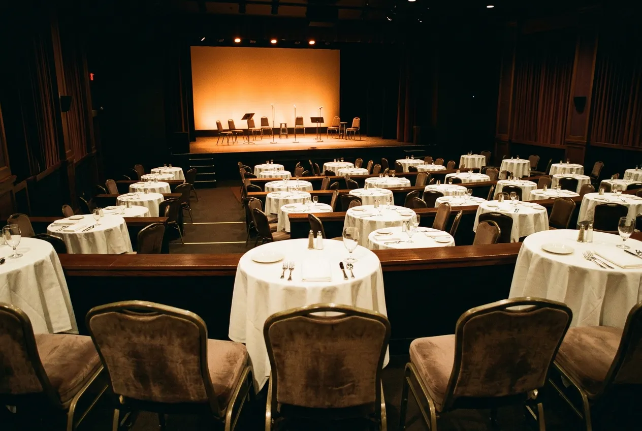 Tiered dinner-theater seating facing a lit stage, tables set for a show, warm interior lighting