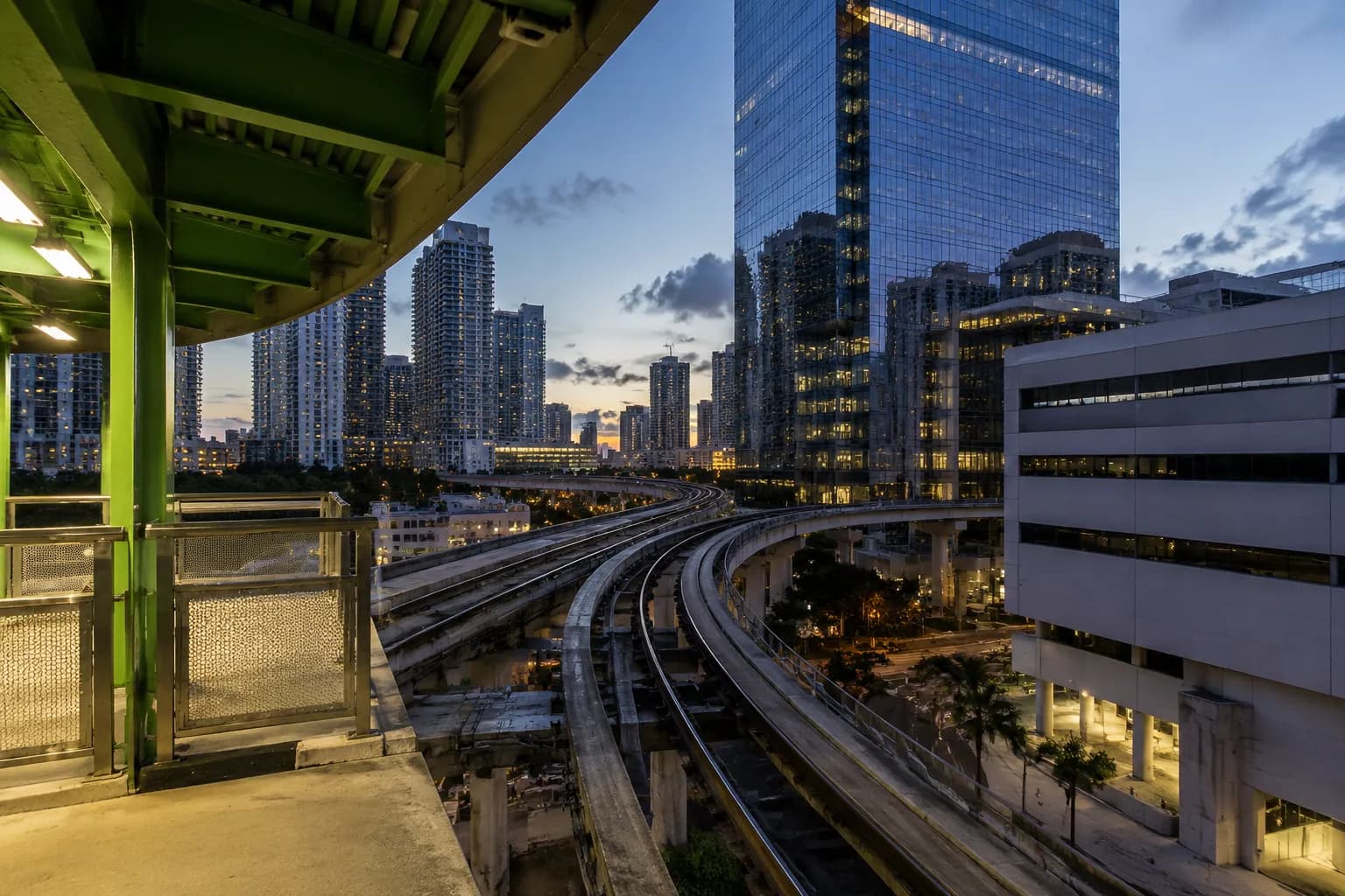 Metromover elevated platform in downtown Miami at early evening