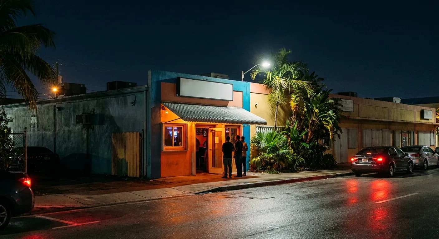 A low-rise Little Haiti block in Miami at night, a small painted concrete music bar with amber light spilling from its open doorway onto wet pavement, palm fronds overhead and a couple of figures waiting under the awning