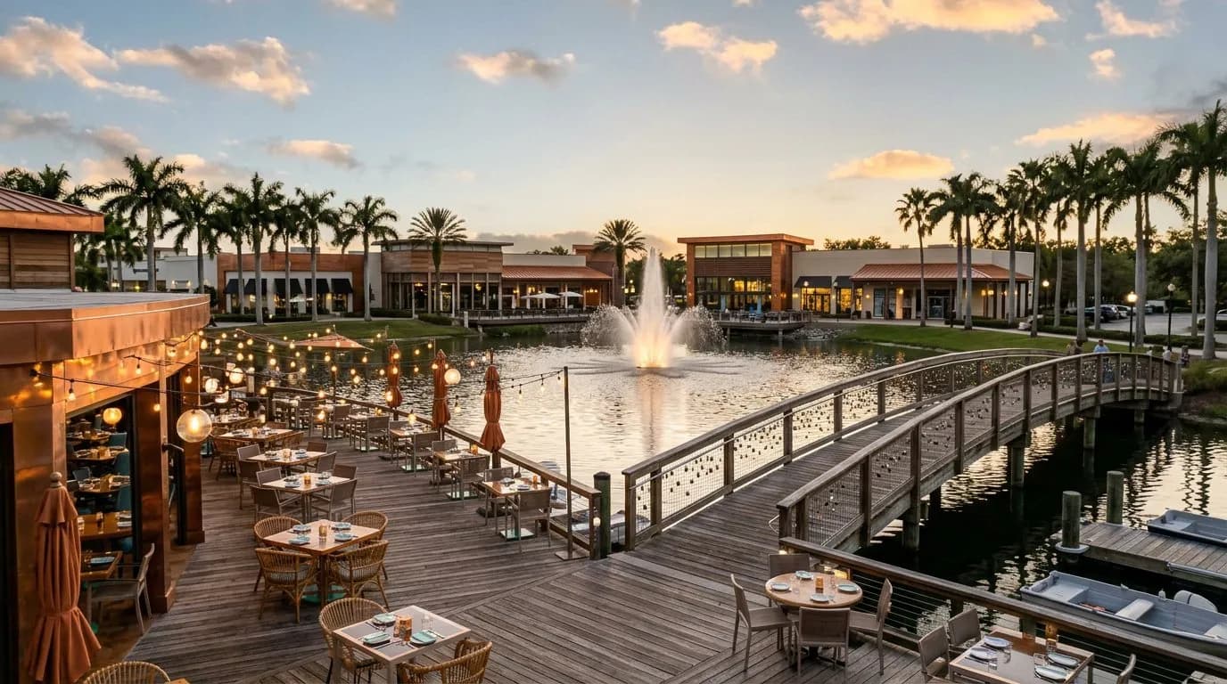 Wide view of a lakeside restaurant terrace in a Miami suburban plaza at dusk