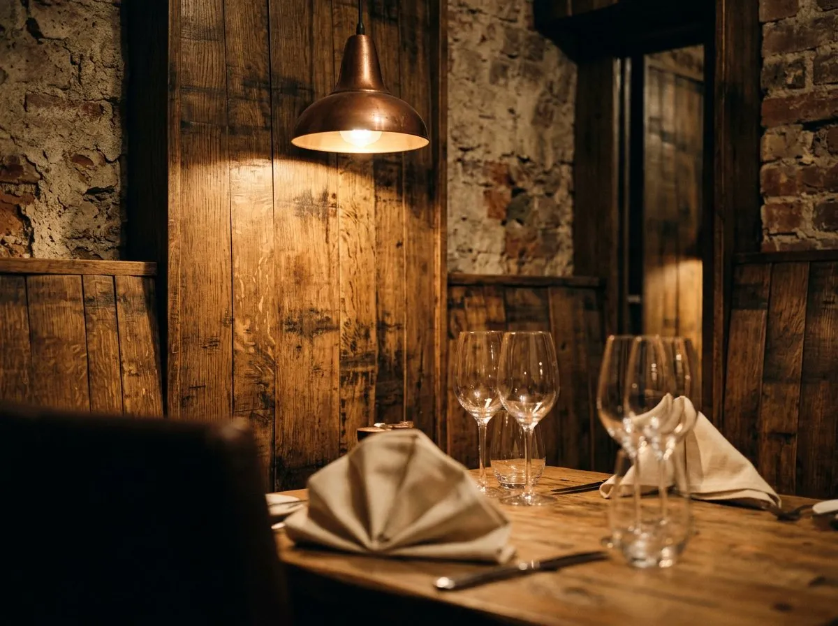 Close view of a wine-cellar-style private dining room table setting