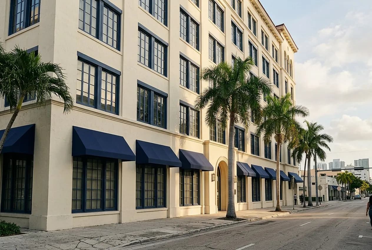 Cream Mediterranean-style tower with navy awnings and palms at a Miami teaching kitchen's main entrance
