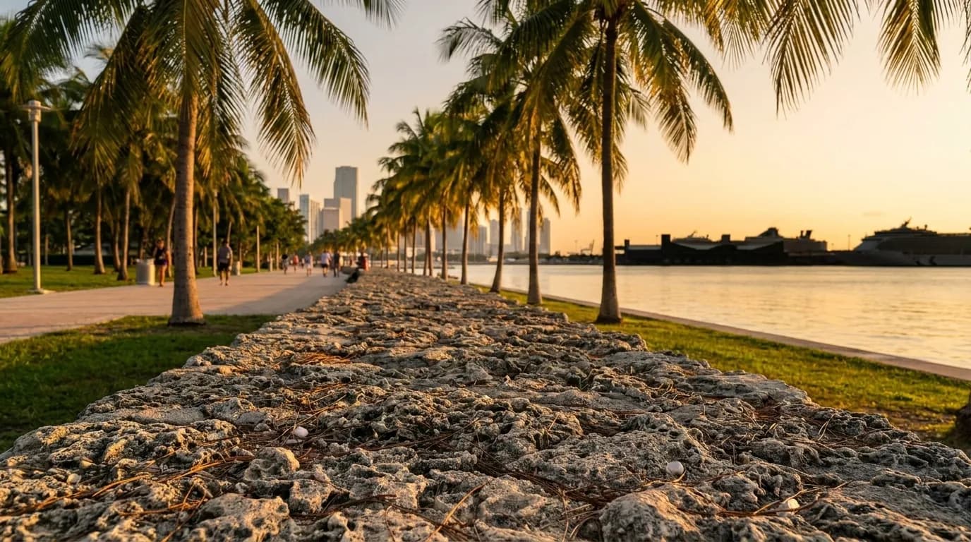 Bayfront Park waterfront promenade in Miami with palm trees and Biscayne Bay view