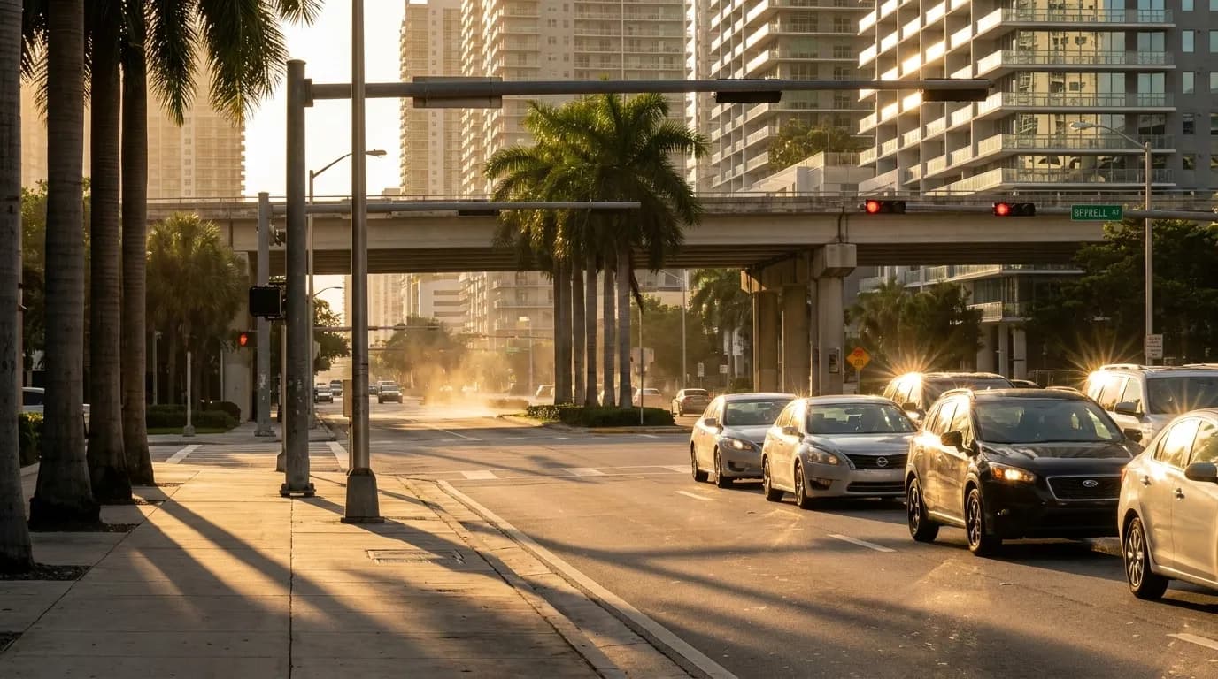 Afternoon traffic on Brickell Avenue with high-rises and palm shadows in Miami heat