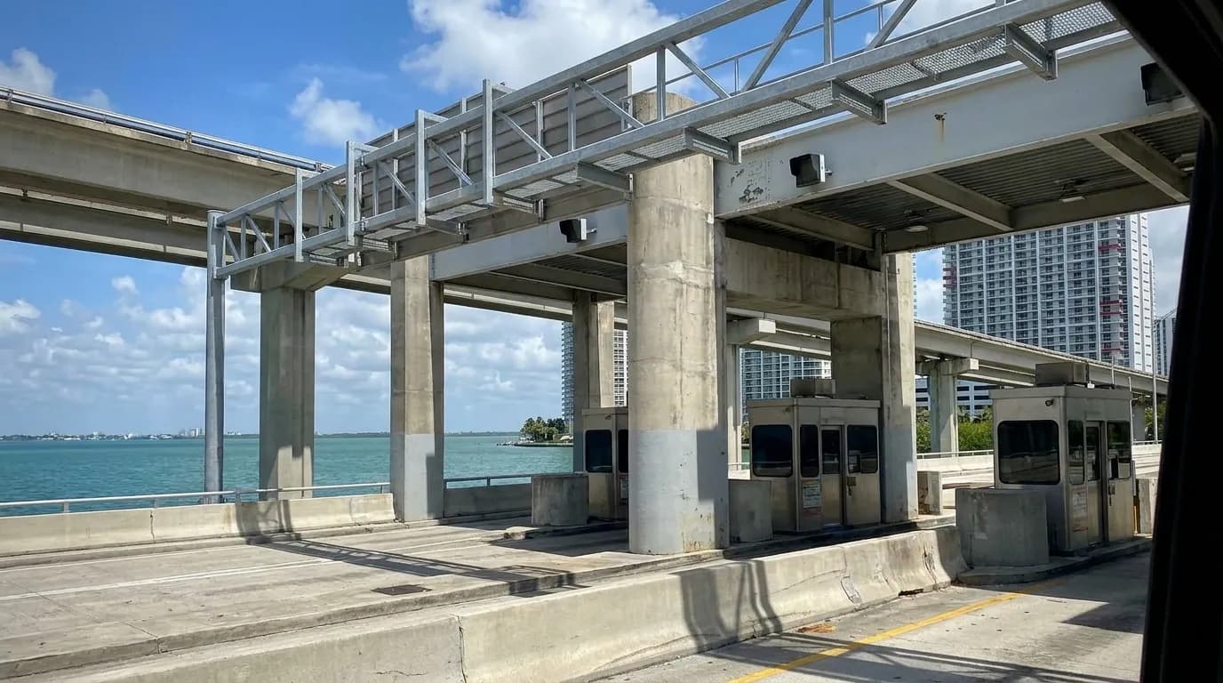 Rickenbacker Causeway toll plaza structure with Biscayne Bay in background