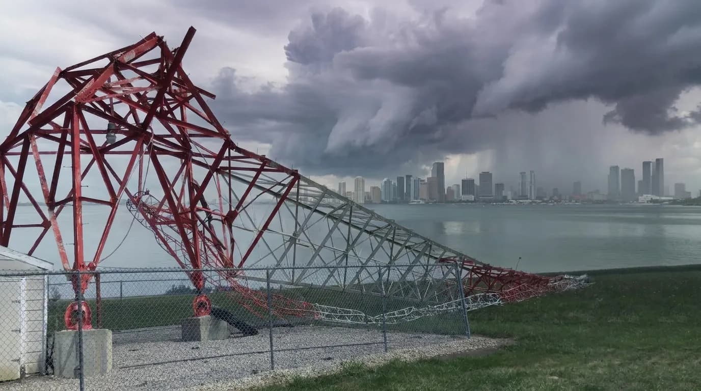 Storm clouds gathering over downtown Miami skyline across Biscayne Bay