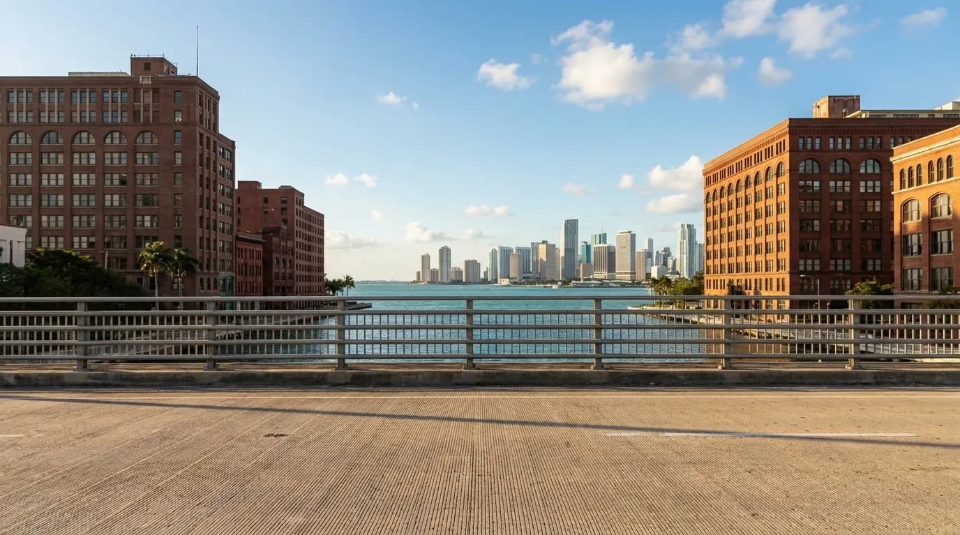 MacArthur Causeway bridge stretching toward South Beach with Biscayne Bay visible on both sides