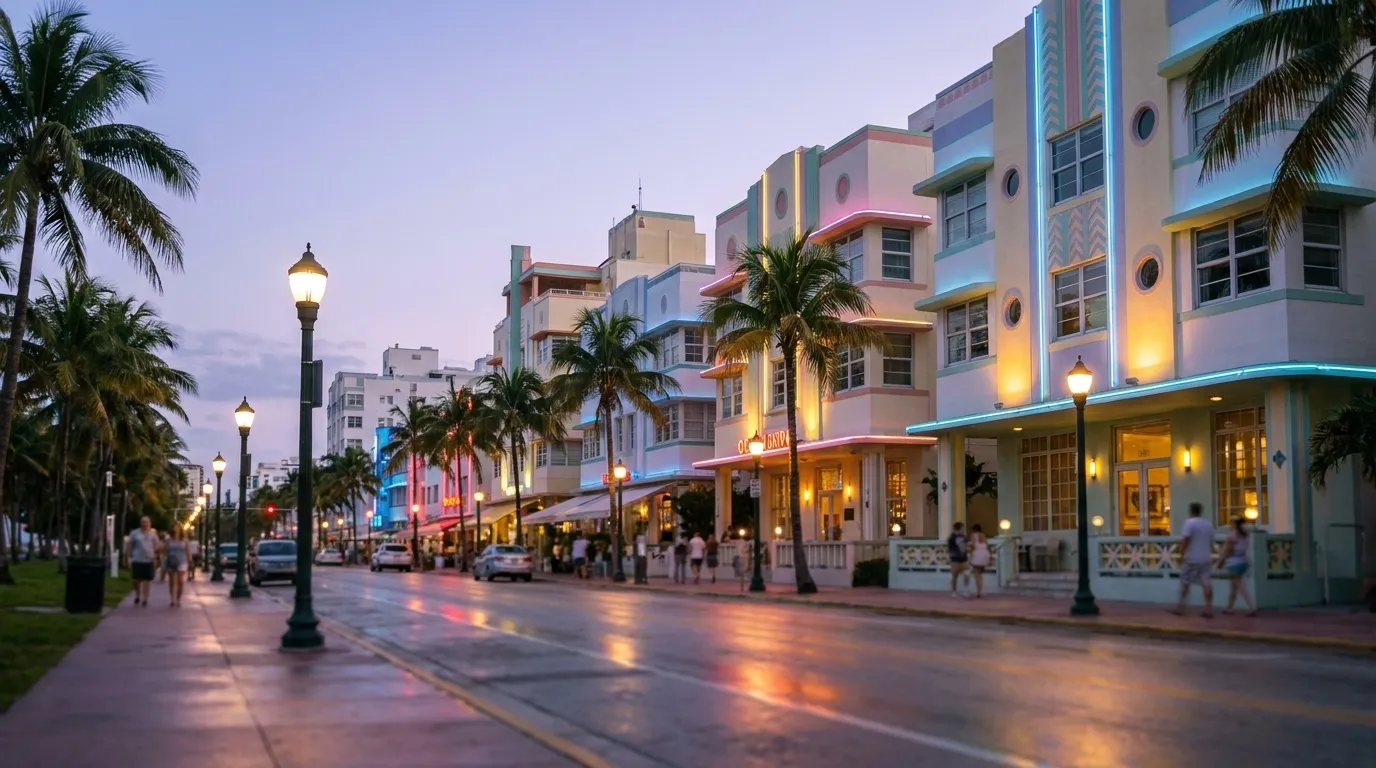 Ocean Drive sidewalk at dusk with art deco buildings and palm trees lining the street