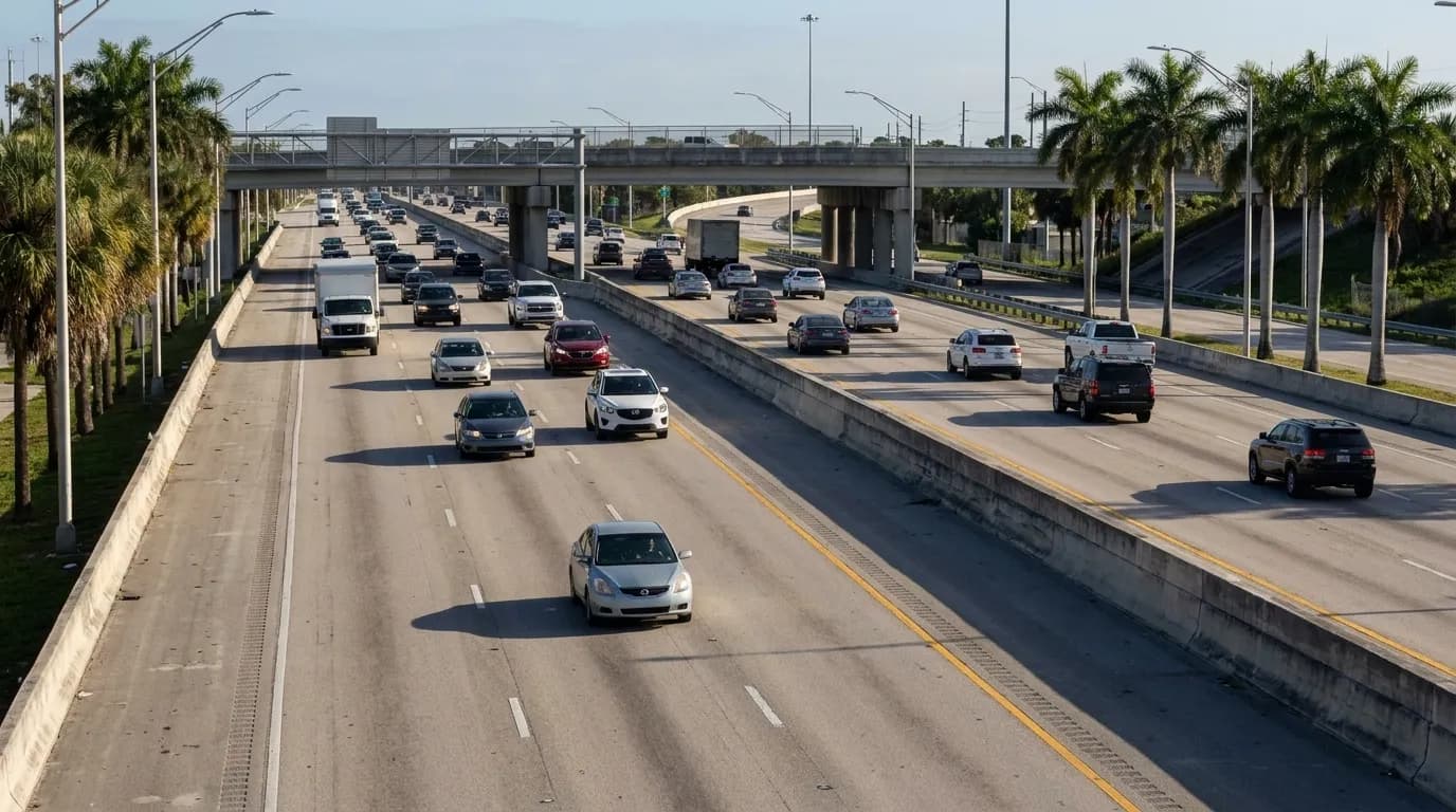 I-95 highway lanes with moderate traffic heading north through Miami-Dade County