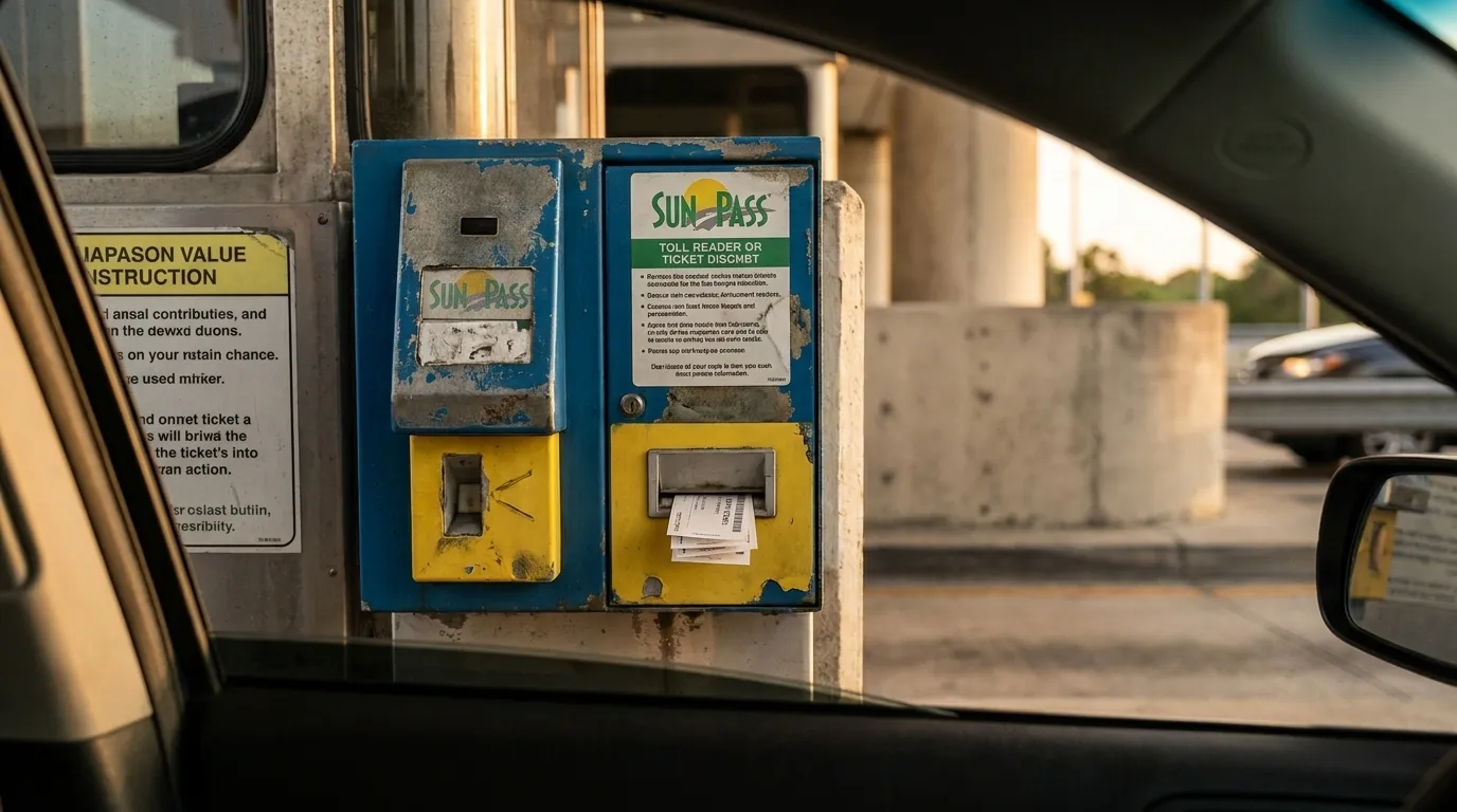 SunPass toll reader and ticket machine at a Florida Turnpike plaza