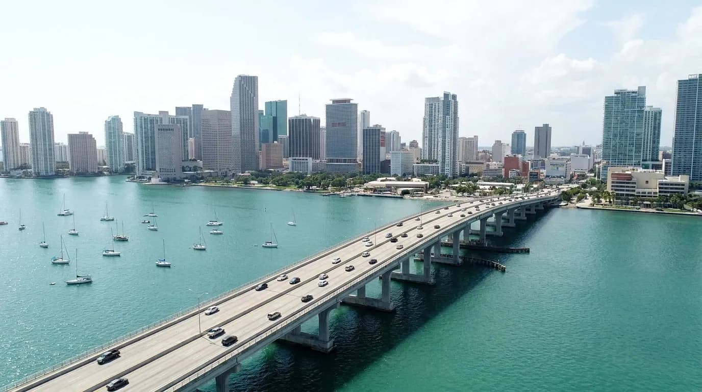 MacArthur Causeway bridge connecting Miami Beach to Downtown Miami over Biscayne Bay