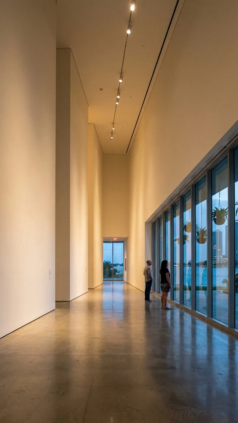 A waterfront Miami museum gallery in the evening, concrete floors and pale walls with full-height glass onto a darkening bay and distant downtown towers