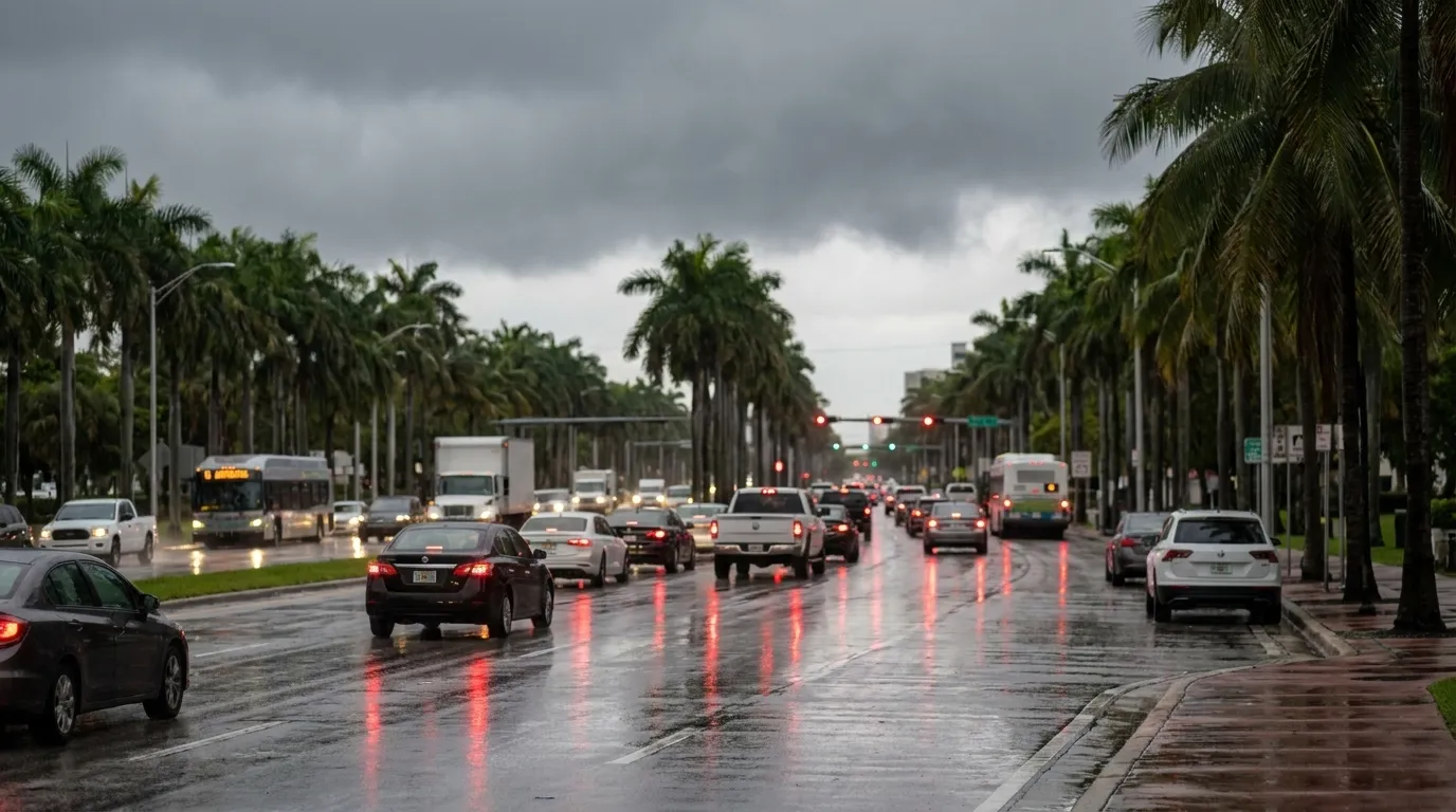 Biscayne Boulevard in North Miami during afternoon rain with traffic and palm trees