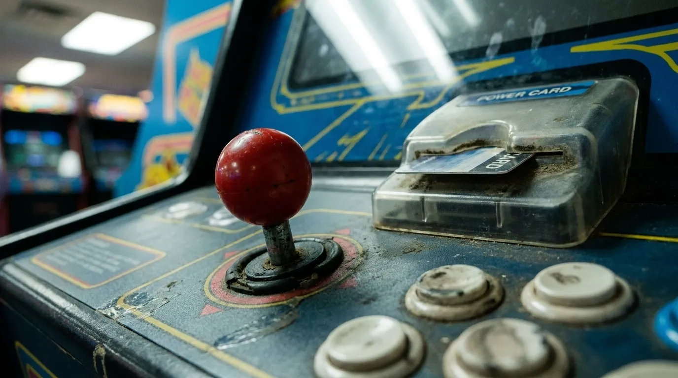 Close-up of arcade game controls and power card reader at Dave & Buster's