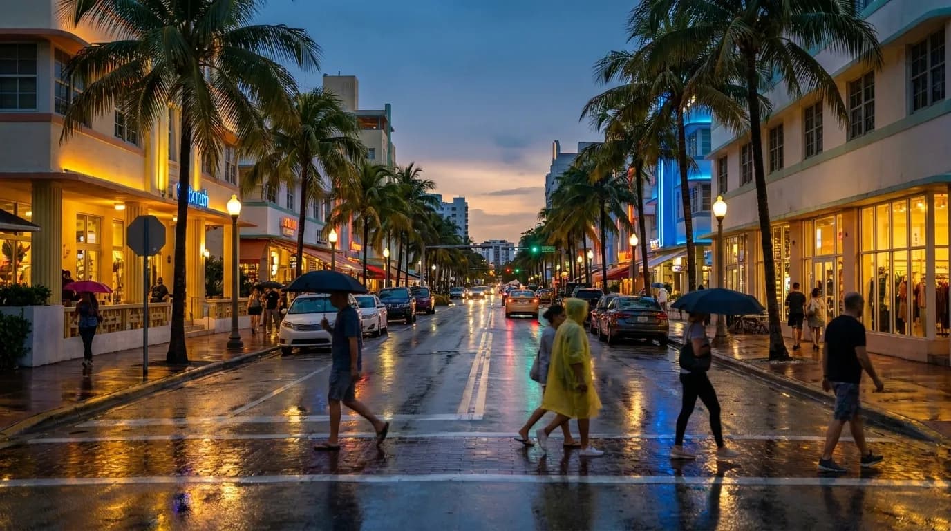 Washington Avenue in South Beach at dusk with pedestrians and lit storefronts under palm trees