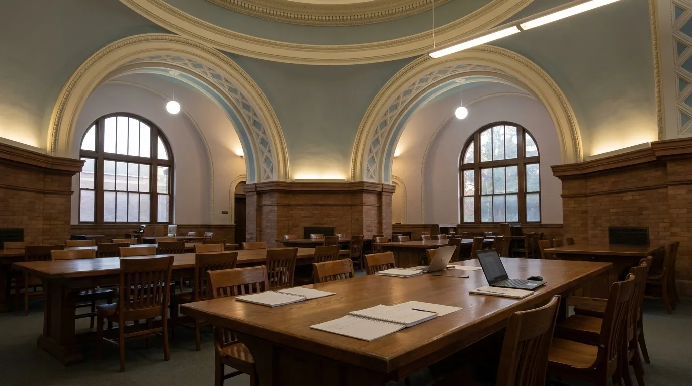 Study tables and chairs inside Miami Beach public library in late afternoon light