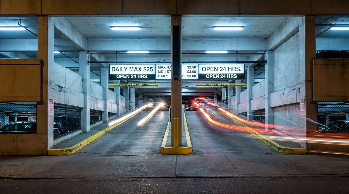 Entrance ramp to a Miami Beach municipal parking garage at night with rate signage