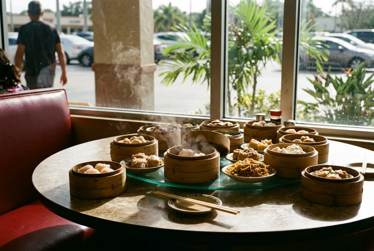 Bamboo steamer baskets and small dim sum plates crowded on a restaurant table with midday light through a window