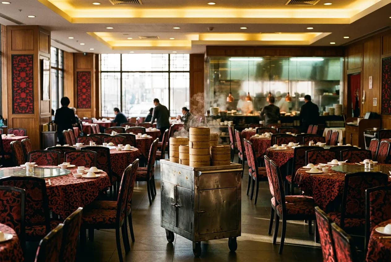 Wide view of a red-and-black Chinese restaurant dining room with a steel dim sum cart parked mid-aisle