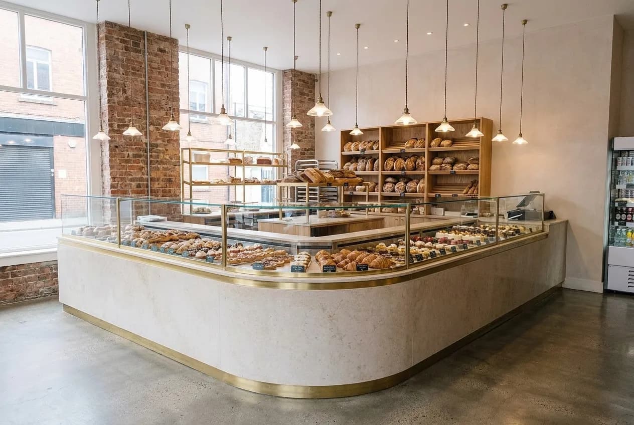 A bright bakery counter with a long glass case of pastries