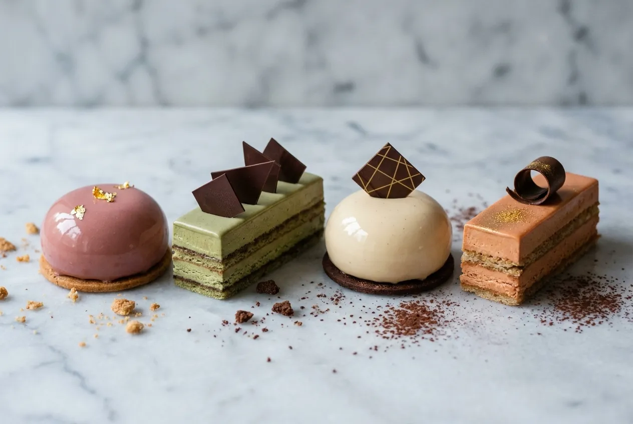 A row of glazed layered pastries on a marble surface