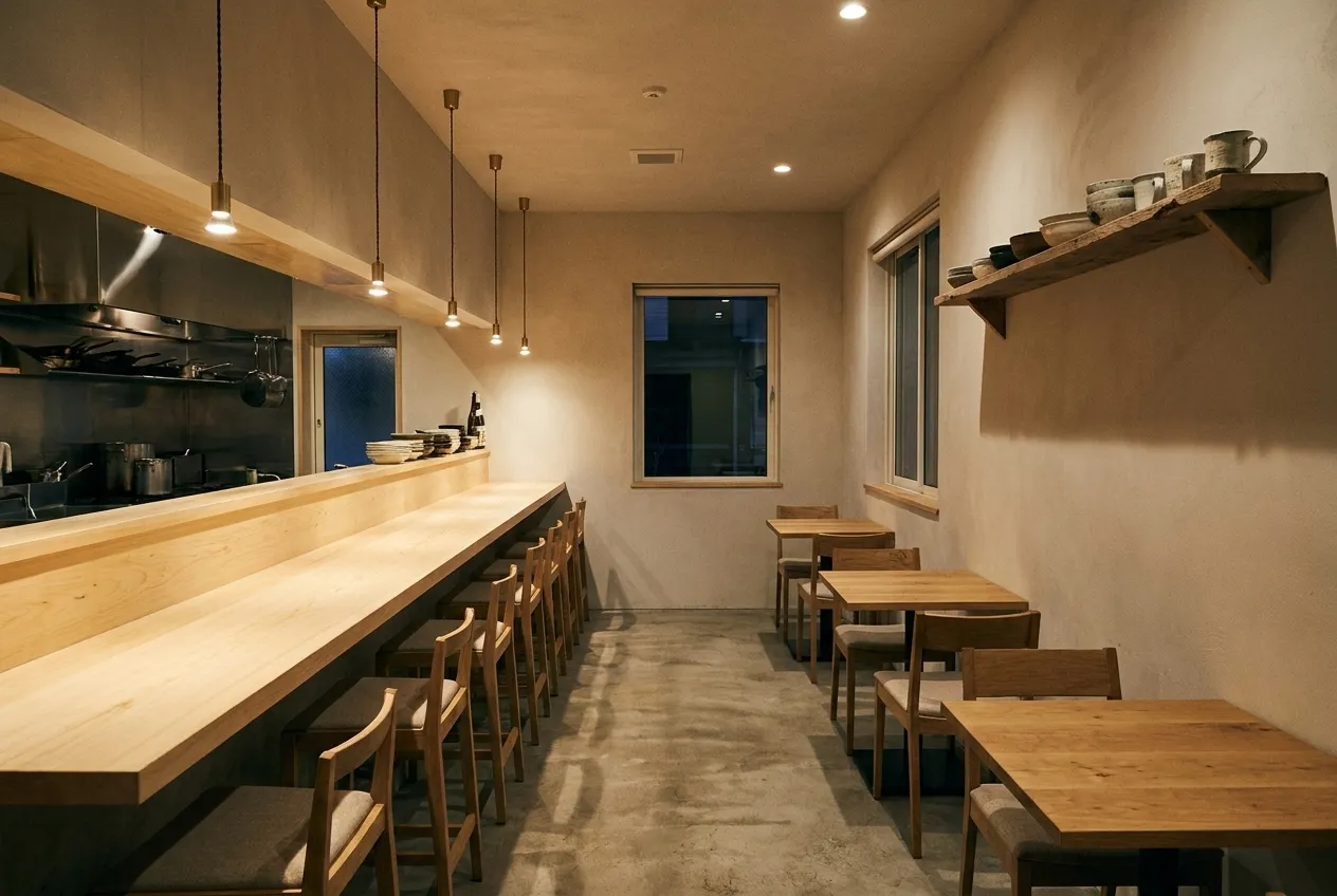 A small modern dining room with a counter and an open kitchen