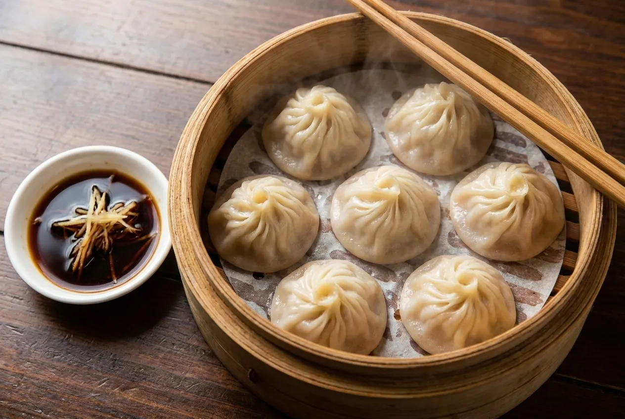 A bamboo steamer of pleated dumplings with dipping sauce