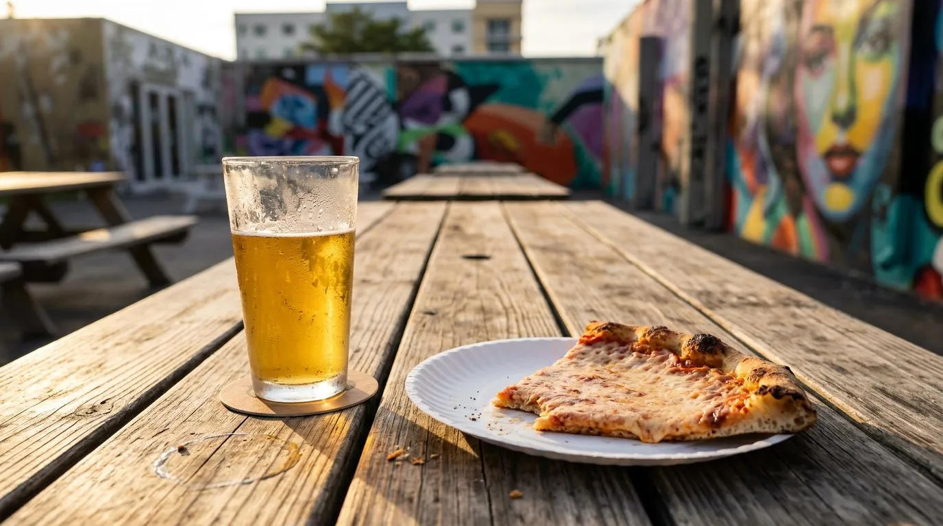 Picnic table with pizza slice and beer glass on a Wynwood bar patio
