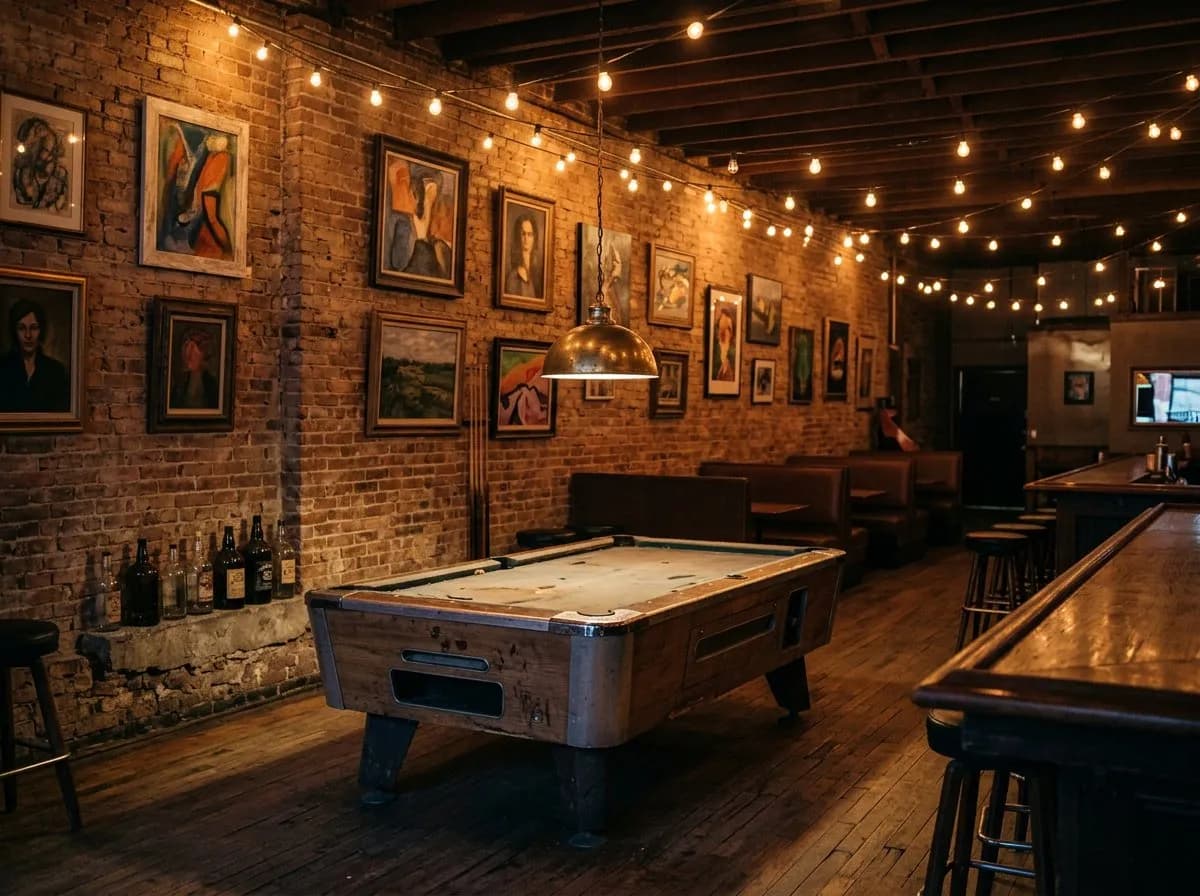 Dimly lit bar interior with pool table and hanging lights at night