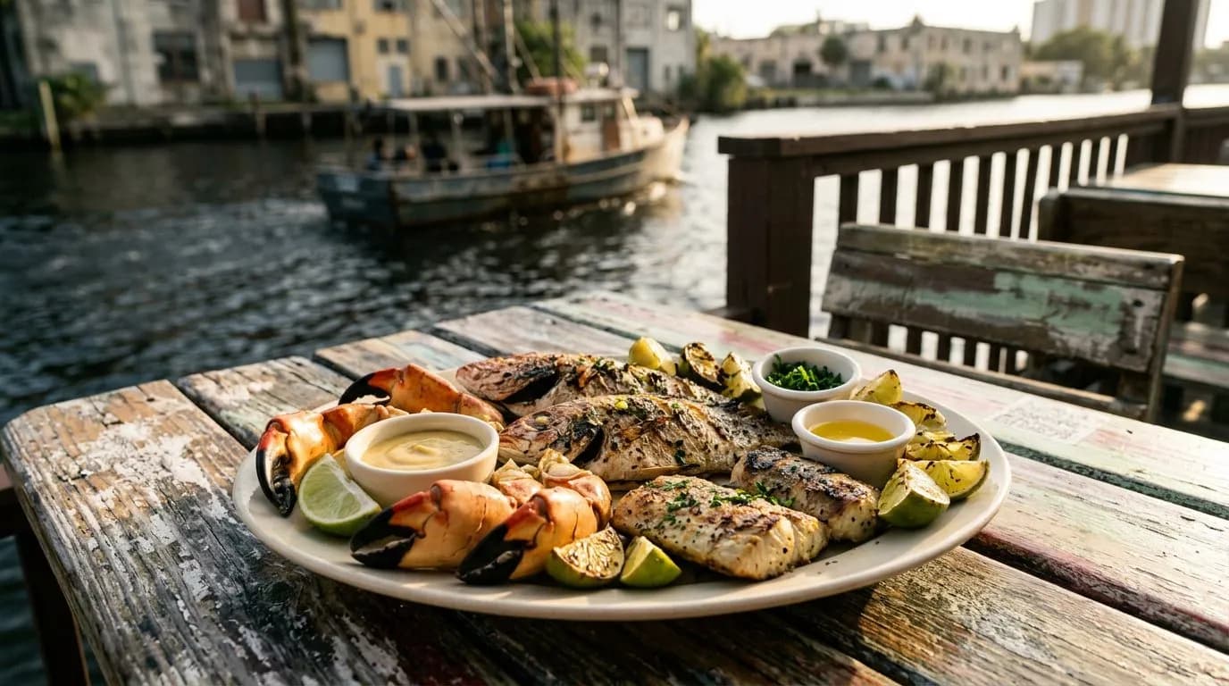 Seafood platter on a weathered dockside table beside the Miami River