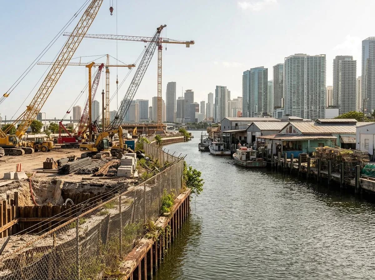 Construction cranes rising above fencing at a Miami River redevelopment site