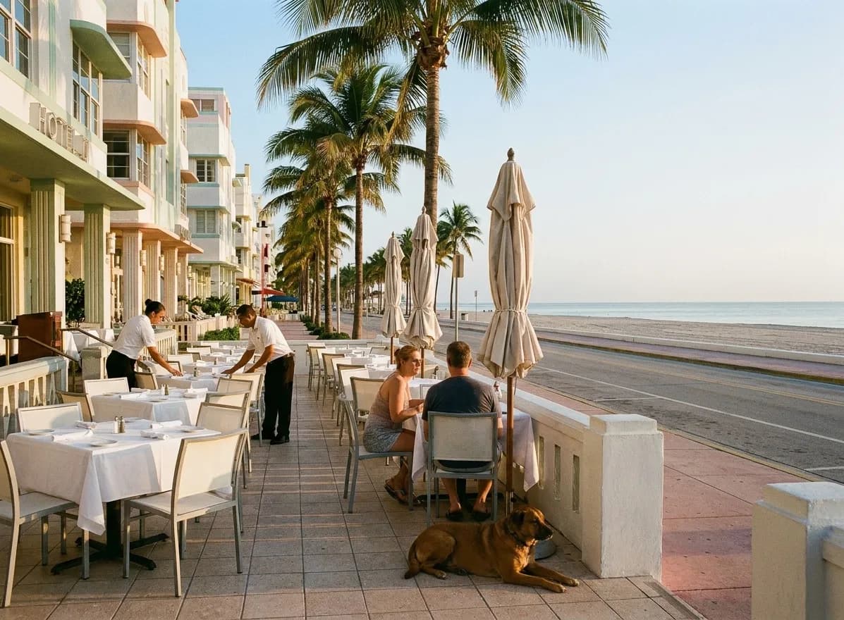A raised Ocean Drive terrace just after sunrise, white umbrellas still folded, a dog lying beside a breakfast table and the empty beach beyond