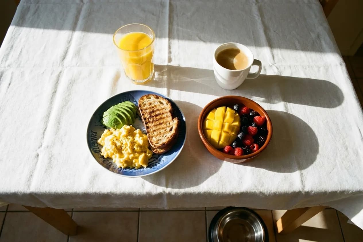 A breakfast table with eggs, fruit and coffee beside a stainless water bowl on the tiles, morning shadows across the white cloth