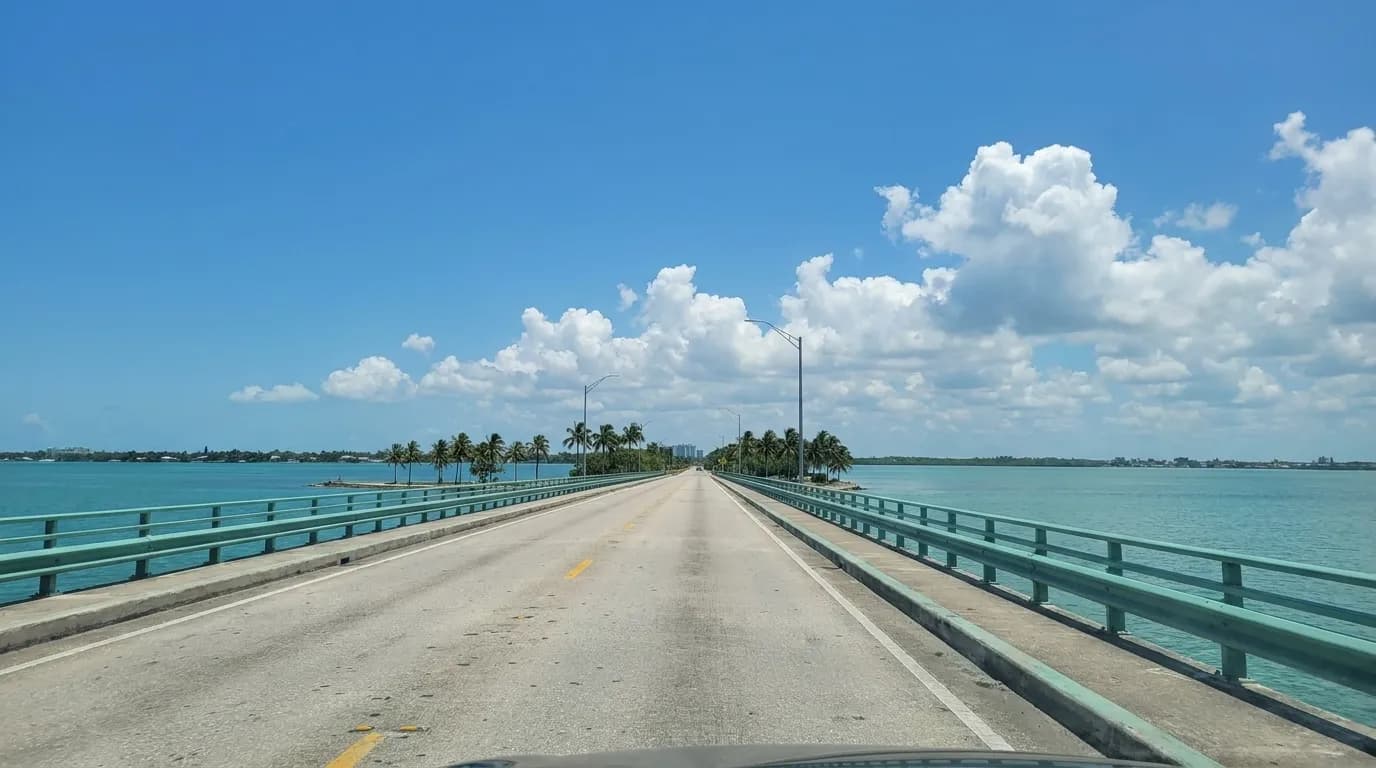 Rickenbacker Causeway bridge stretching across Biscayne Bay toward Key Biscayne on a clear morning