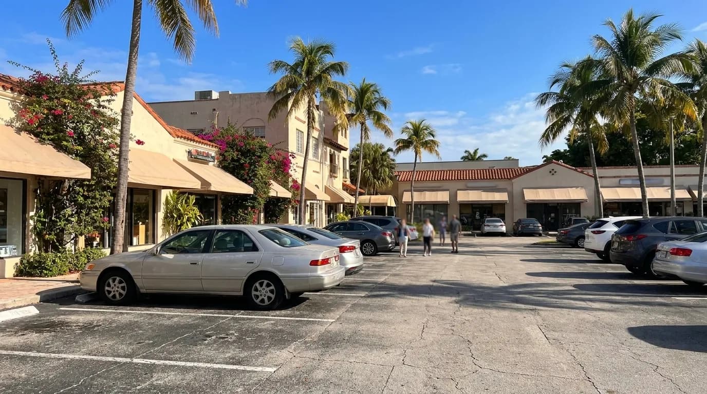 Strip mall parking lot in Coral Gables with storefronts and palm trees under morning sun