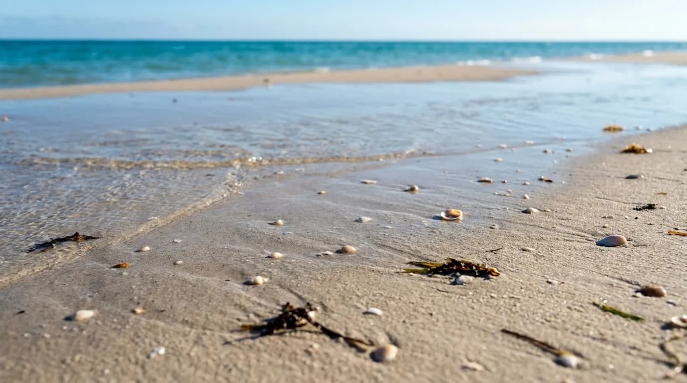 Wet sand and shallow surf at the edge of a Miami beach with tidal ripples and shells