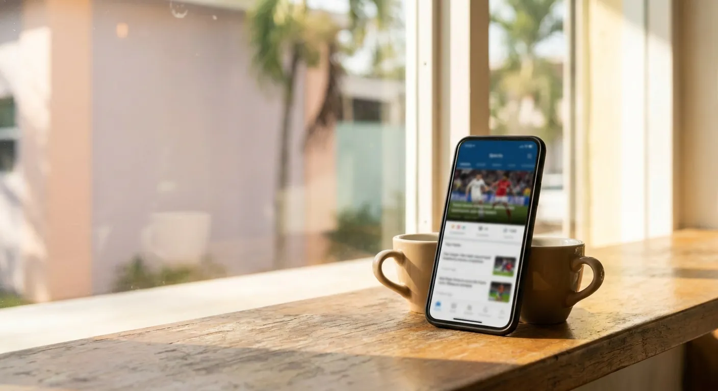A phone showing a sports feed next to cafecito cups on a Miami cafe counter in morning light