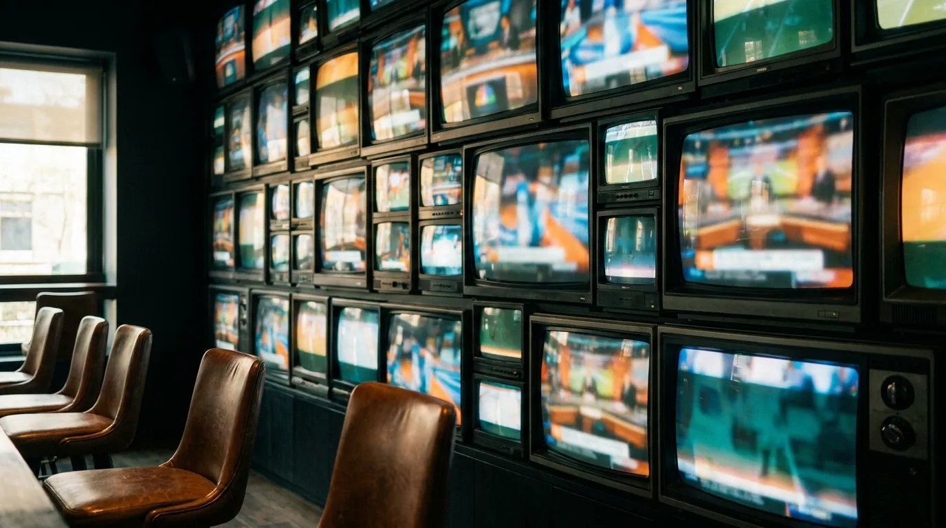 A wall of televisions in a dim sports bar showing football studio coverage in the afternoon