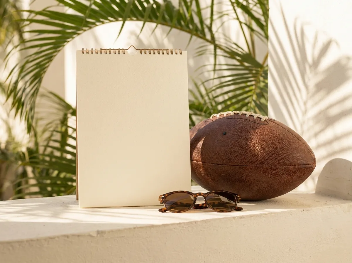 A wall calendar page beside a football and sunglasses on a bright Miami windowsill