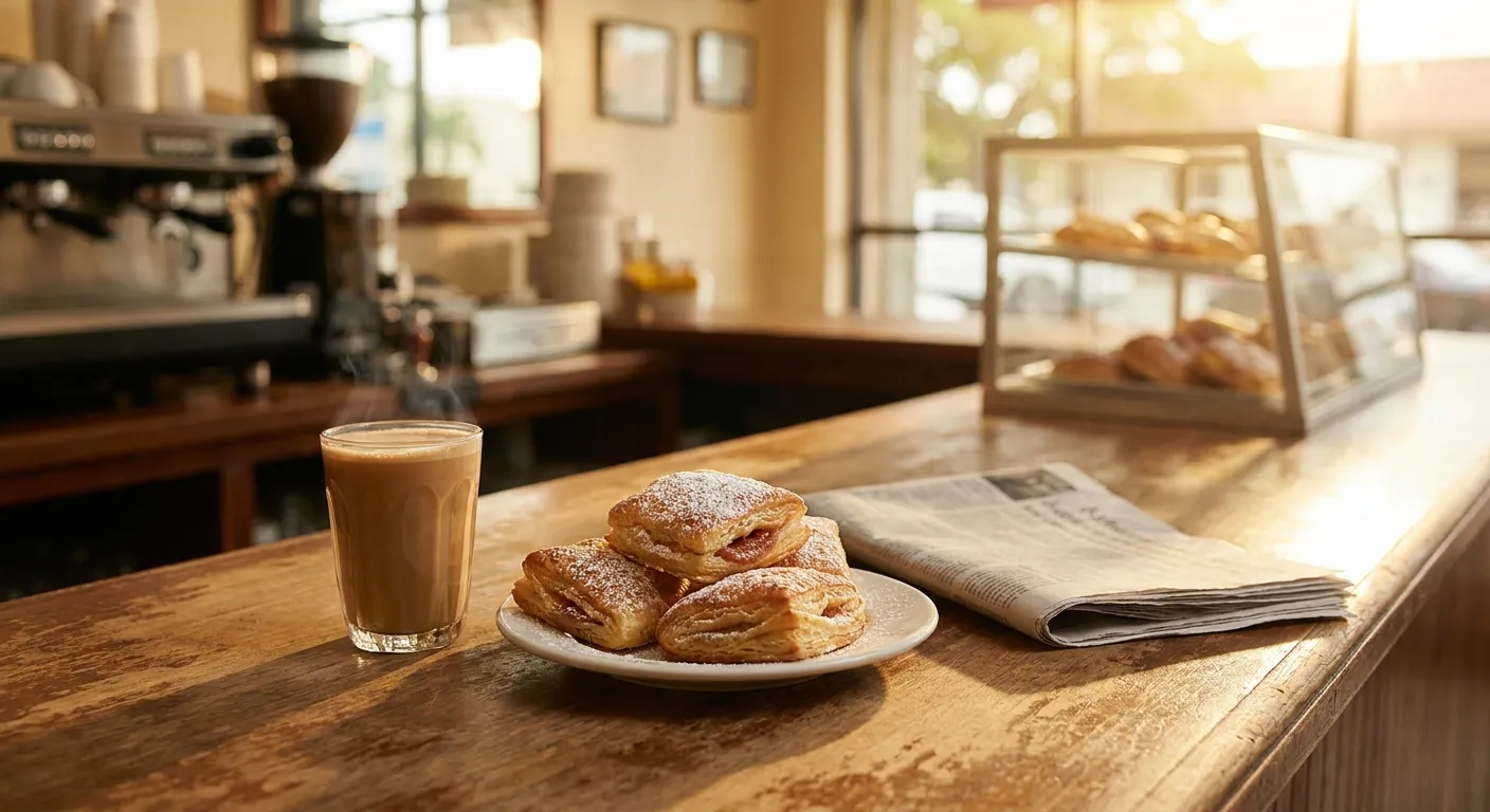 Cafe con leche and pastelitos on a Little Havana counter with morning newspaper