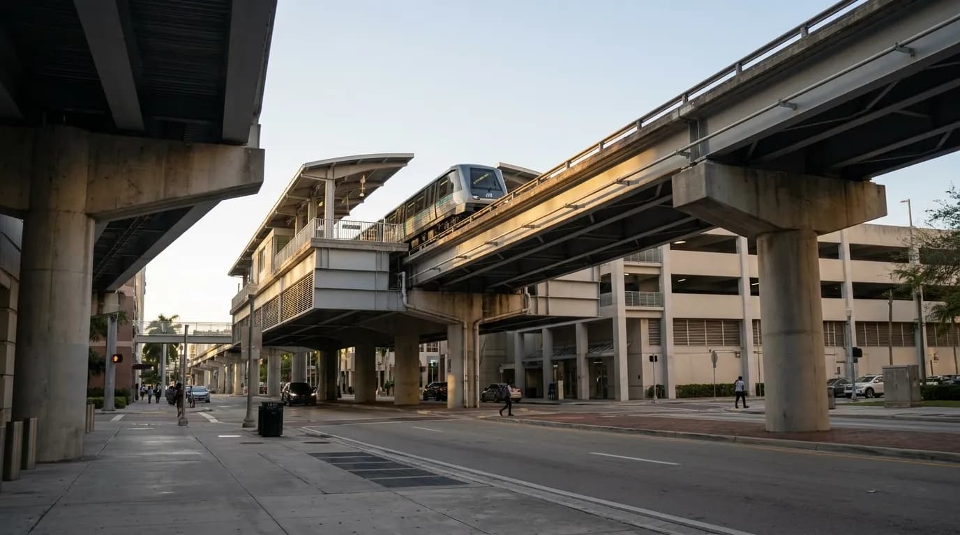 Elevated Metromover train and station platform near Government Center in Downtown Miami