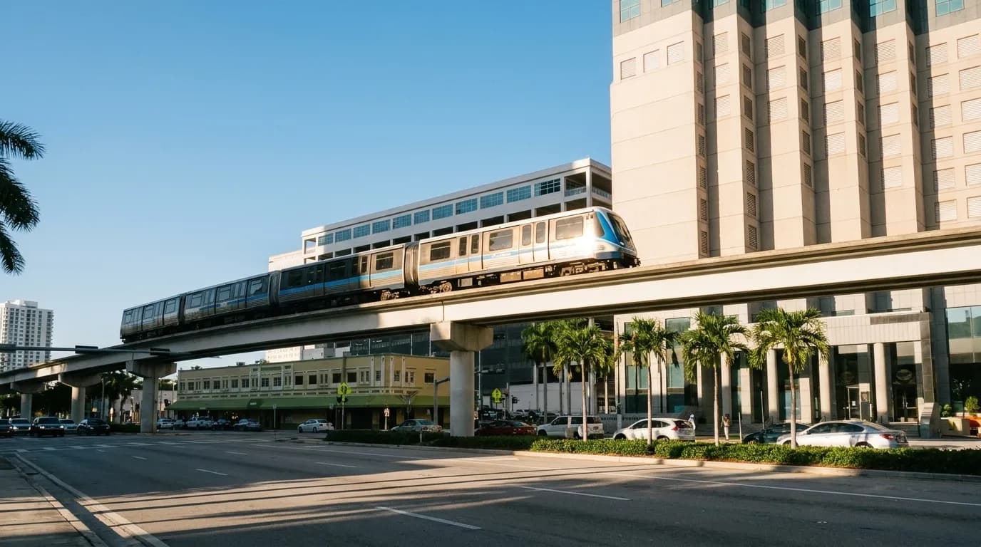 Metromover train passing above Biscayne Boulevard in downtown Miami with office buildings and palm trees