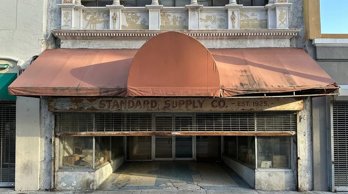 Older storefronts with faded awnings and weathered details on Flagler Street in downtown Miami