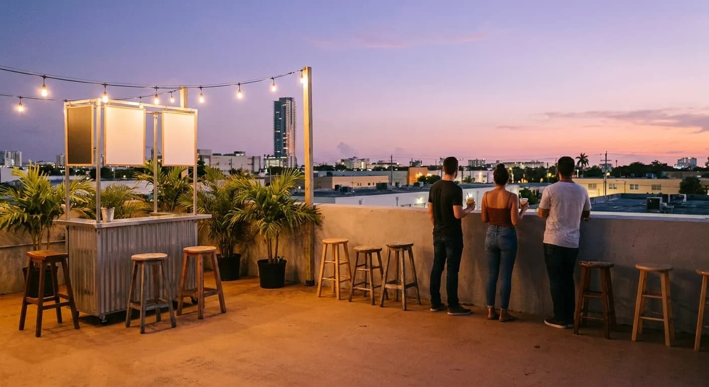 A low-rise Miami rooftop bar just after sunset, wooden stools at a metal counter, bare-bulb string lights and palms against a violet sky